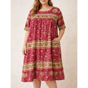 La Cera 1X Cotton Floral Block Print Muumuu Nightgown Dress India Cottagecore